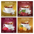 Set of tea packaging design. A cup with a splash and various additives